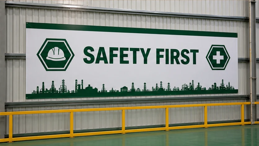 Safety First banner inside a factory