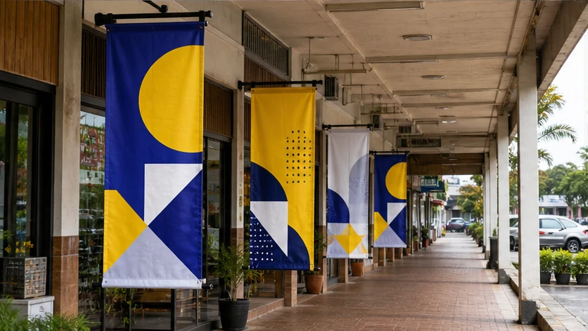 Vertical hanging buntings in a shop corridor
