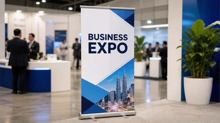 Retractable roll-up display at a business exhibition