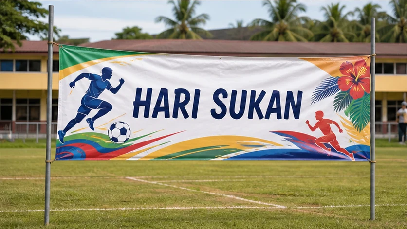 Hari Sukan banner at a Malaysian school field