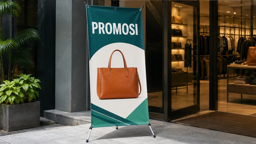 Portable standing X-banner at a retail entrance