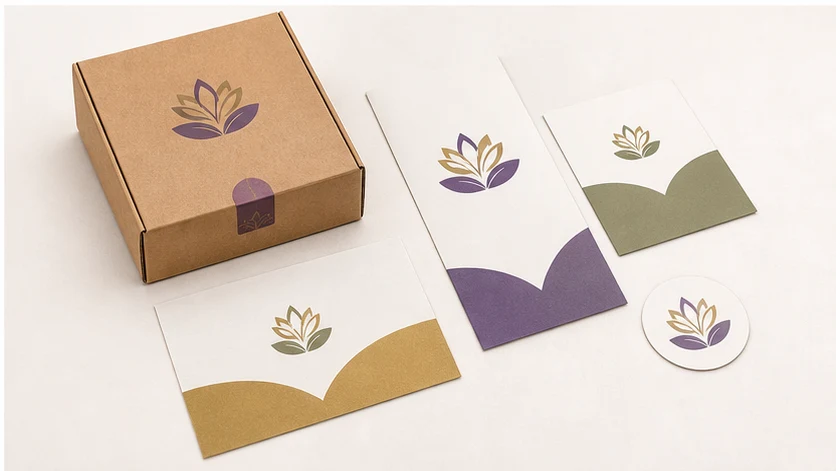Coordinated box, cards, flyer and sticker print set