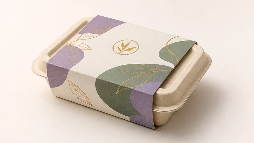 Printed paperboard sleeve around a takeaway tray