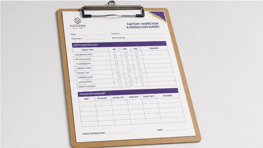 Custom factory inspection and production form on a clipboard