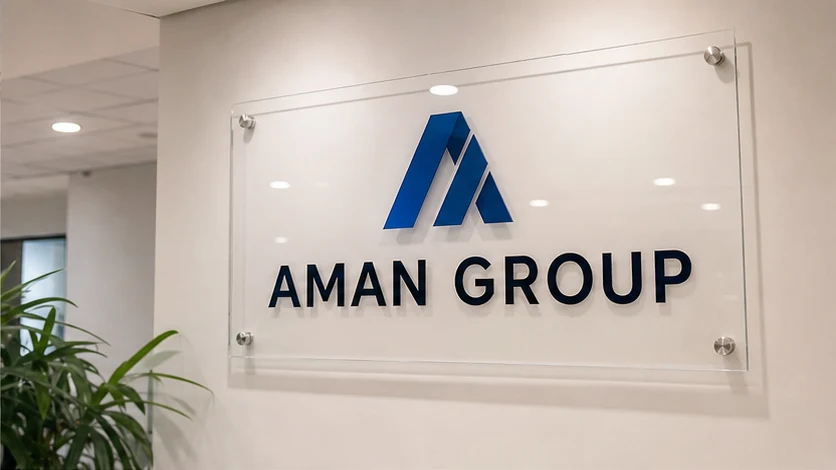 Clear acrylic reception sign with metal standoffs