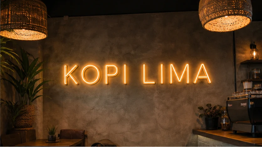Warm neon-style Kopi Lima cafe sign