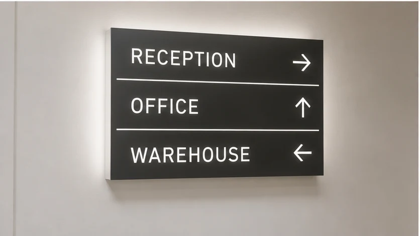 Office wayfinding directory with directional arrows