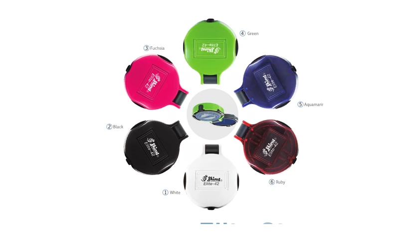 Shiny Elite pre-ink round stamp models in multiple colours