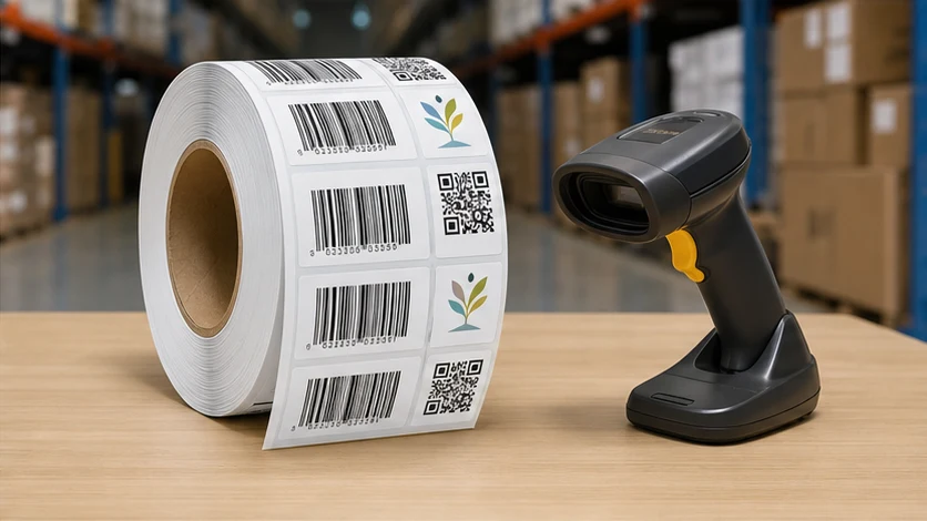 Barcode and QR label roll beside a scanner