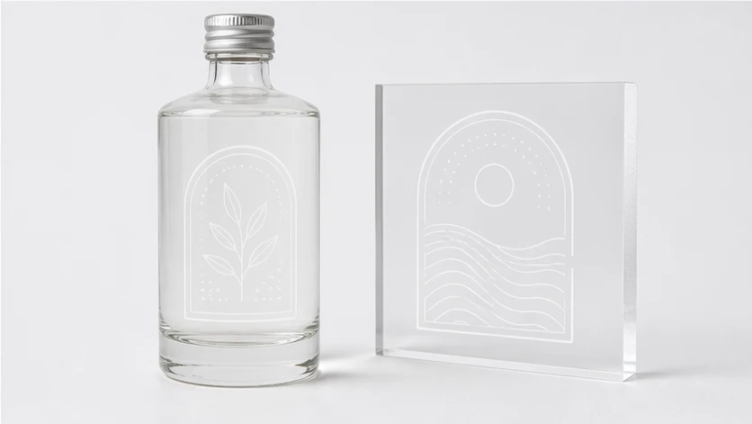 Transparent labels with white ink on glass and acrylic