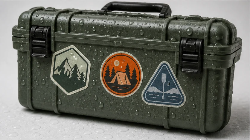 Water-resistant vinyl stickers on an outdoor case