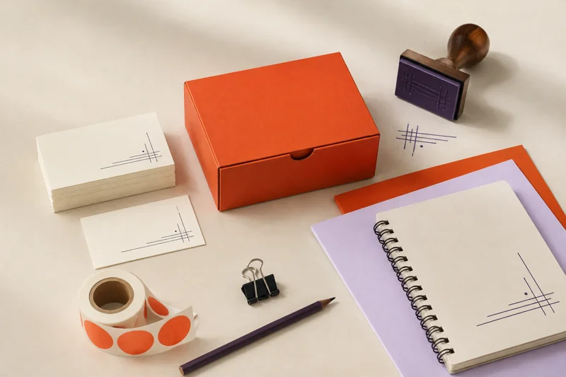 Illustrative arrangement of printed cards, a stamp, labels, packaging and office stationery